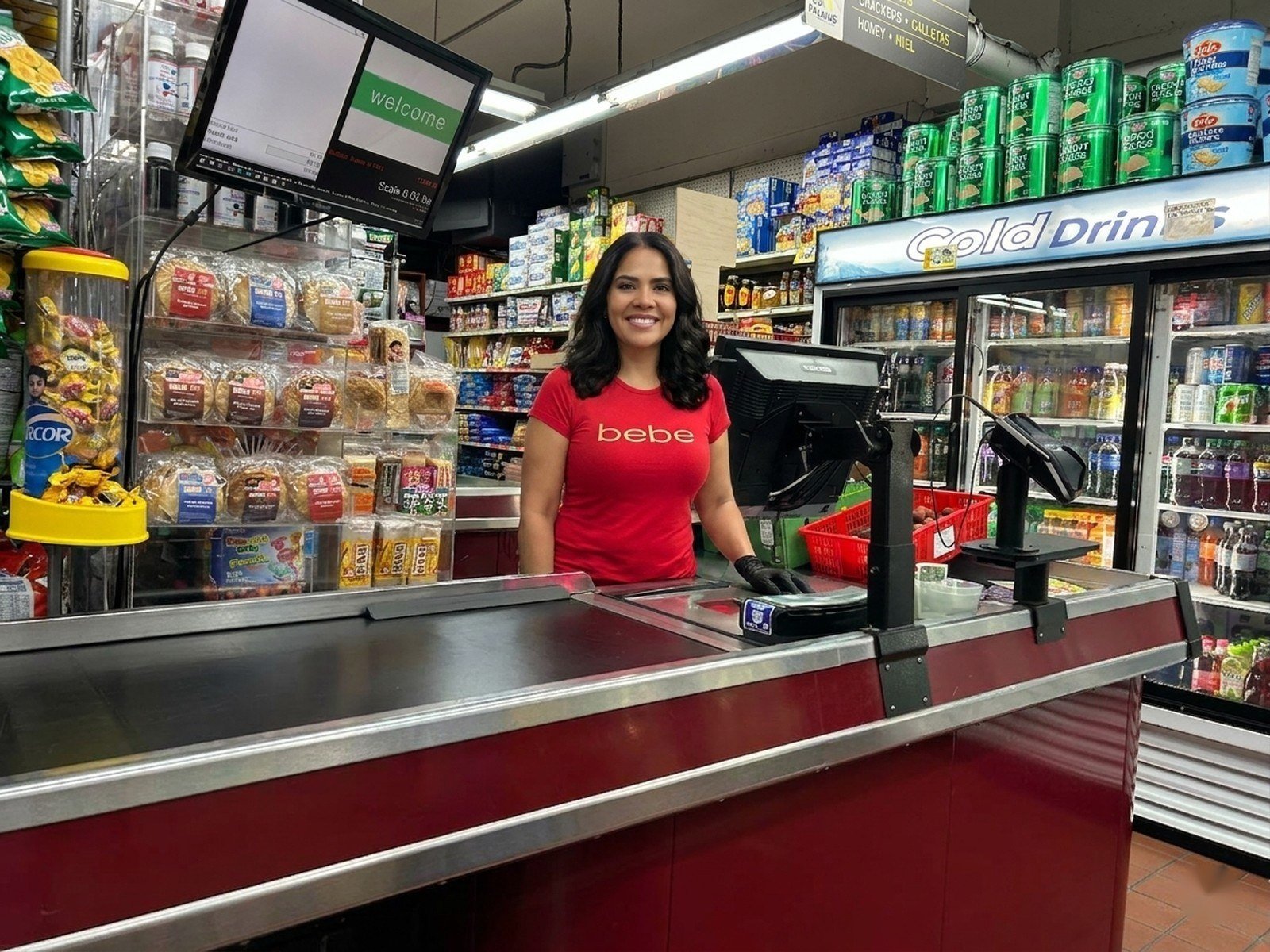 Cajera sonriente con pasteles orientales cubanos en Las Palmas Supermarket